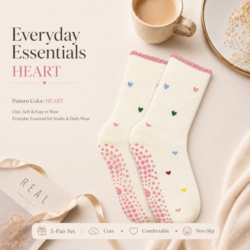 Grip Pilates Socks for Women - US Size 5-9, Heart Design