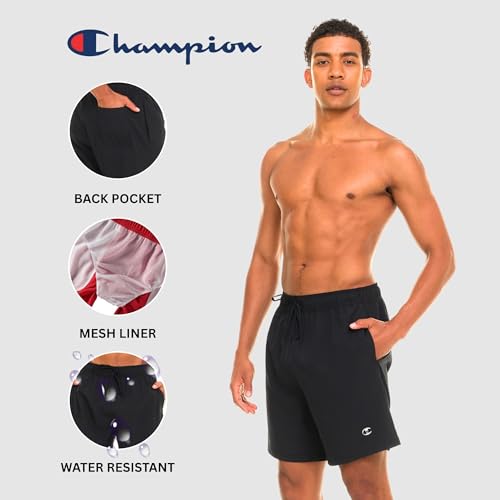 Champion Men's 7-Inch Black Swim Trunks with Mesh Liner - Large