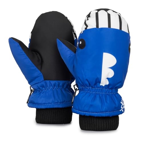 Kids Waterproof Ski Mittens - Blue Shark Design, 4-8 Years
