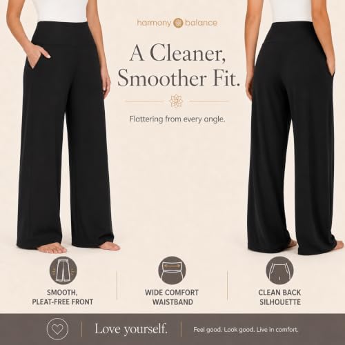 Harmony & Balance Palazzo Pants for Women - High Waisted Wide Leg Yoga Pants with Pockets (Medium, Black Flat Front)
