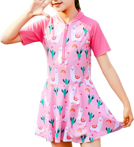 Symunnia Girls' Pink Alpaca 9-10 Years One-Piece Skirted Swimsuit with Floral Rash Guard