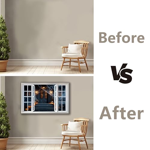 WOOHOOROO Peel and Stick Halloween Fake Window Sticker,Spooky House Scene Wall Decal with Pumpkins and Spider Webs,Removable Self-Adhesive Mural for Home Decor,16" x 24"