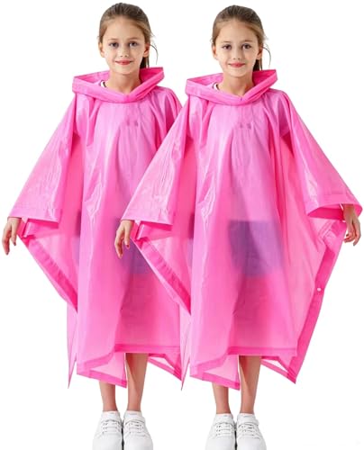 Kids Raincoats 2 Pack - Reusable Pink Rain Ponchos for Boys & Girls