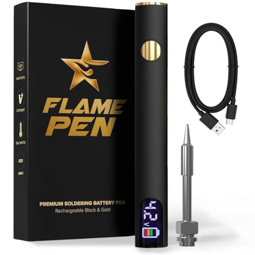 FlamePen Premium Universal Rechargeable Battery Pen, 650mAh Cordless Thread Burner, Threaded with Soldering Iron, Black & Gold