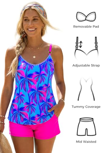 MODLILY Women's Tropical O-Ring Tankini Set with Pocket Shorts - Large Blue Pink