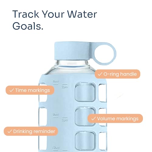 Purifyou 40oz Borosilicate Glass Water Bottle with Time & Volume Markers, Silicone Sleeve & Steel Lid - Ice Blue 1 Count