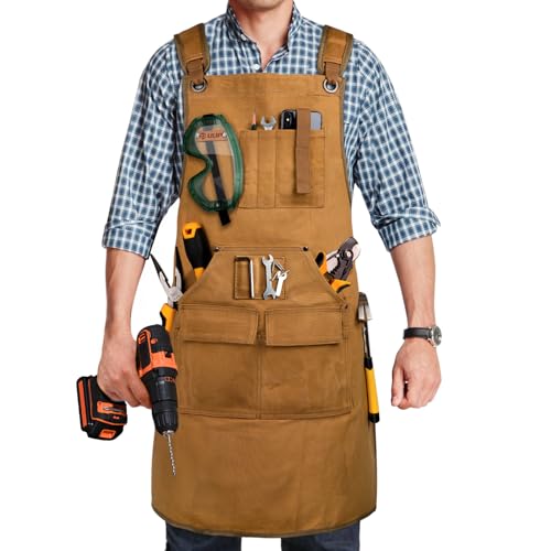 Woodworking Apron for Men, Shop Apron 20 oz Canvas Work Apron with 9 Tool Pockets, Heavy Duty Wood Working Workshop Bib Apron for Carpenter Woodworker Blacksmith, Men Gift, Adjustable to S- 3XL, Khaki