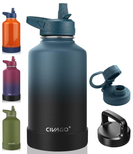 CIVAGO Indigo Black 64 oz Insulated Stainless Steel Water Bottle with Straw & 3 Lids