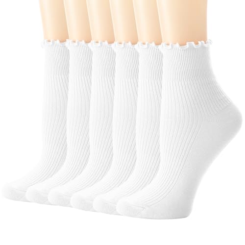 Cute Ruffle Ankle Socks for Women - White, 6 Pairs