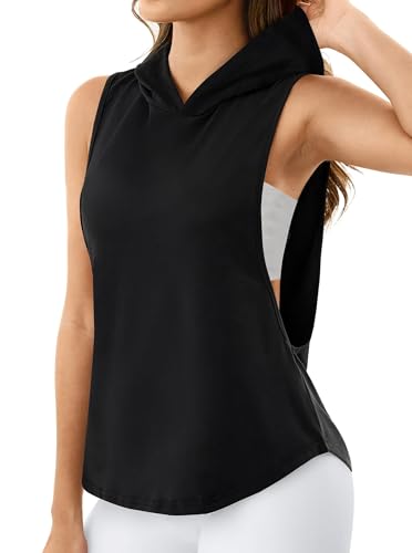 Remidoo Sleeveless Hoodie Women’s Open-Side Tank Top, Black, Small