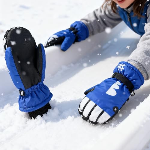 Kids Winter Warm Ski Gloves - Outdoor Mittens for Ages 4-8 - Blue