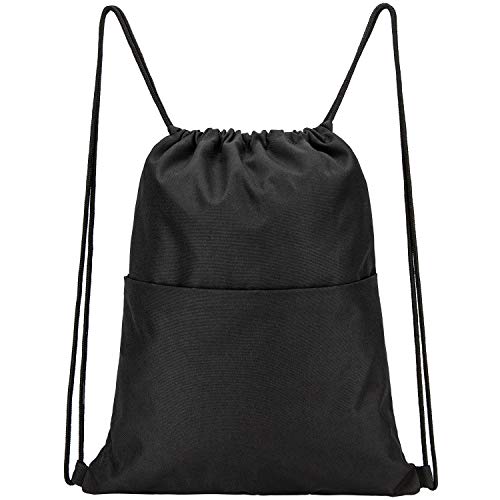 Drawstring Backpack with Side Pocket - Black