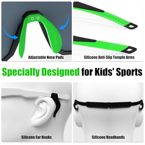 Kids Polarized Baseball Sunglasses - UV400, Lightweight, Black Green