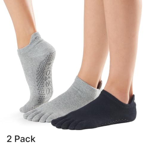 Toesox Low Rise Grip Socks 2-Pack Medium Heather Grey/Black for Yoga & Pilates
