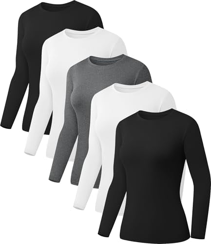 Kinglaman 5-Pack Women's Long Sleeve Crew Neck Slim Fit Tops - Black, White, Heather Grey, Medium