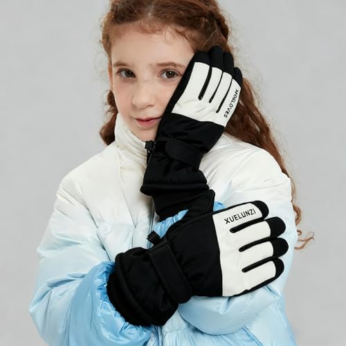 Kids Winter Ski Gloves - Warm, Windproof Fleece - Black for 5-10 Years