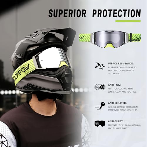 VOZAPOW Silver Motocross Goggles Anti-Fog Motorcycle Protective Eyewear