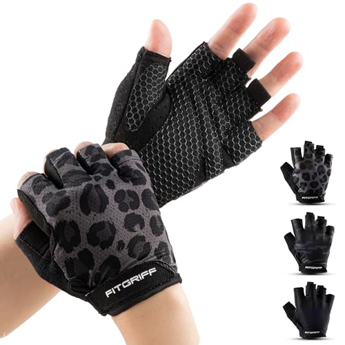 Padded Workout Gloves for Men & Women - Fingerless Gym Gloves - Leopard