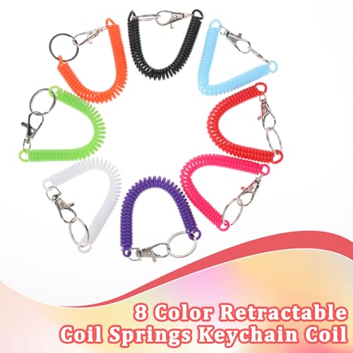 8 Pack Retractable Spring Coil Keychains - Anti-Lost Cord Set