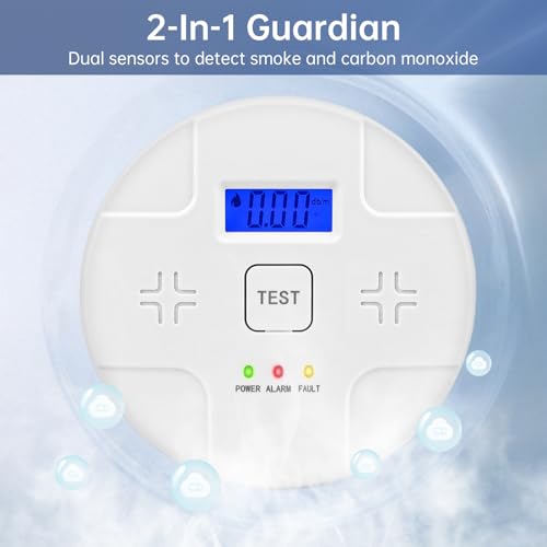 Smoke & Carbon Monoxide Alarms, Smoke Co Detector Combo with Led Digital Display, Sound Alarm, Battery Powered, 2 Packs