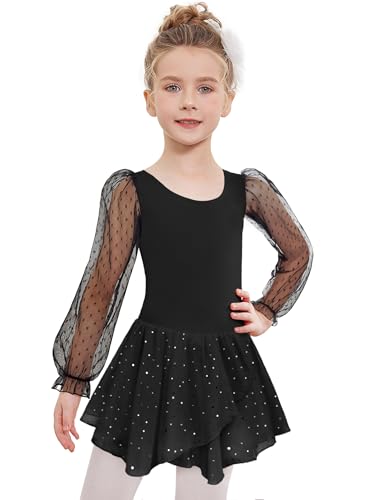 Gymnastics Ballet Leotard for Girls - Mesh Puff Long Sleeve - Black, 4-5T