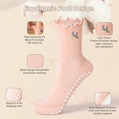 Non-Slip Pilates Grip Socks for Women - 2-Pack White Powder Flower & Pink Flower