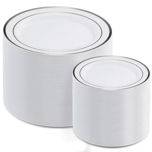 AOZITA Silver Plastic Party Plates 10 Inch Disposable Set - 200 pcs