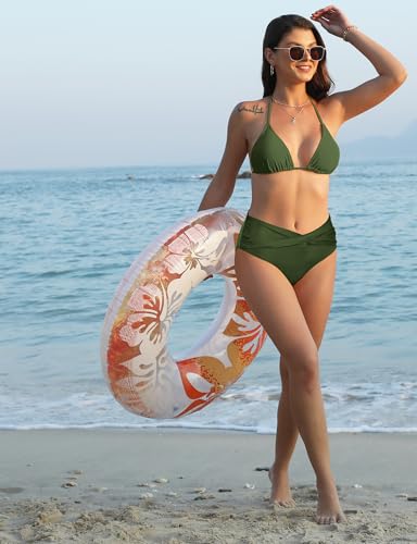V Waist Crossover Swim Bottoms for Women - Army Green, Large
