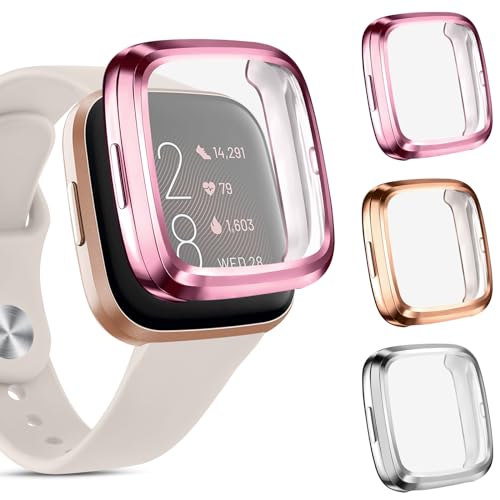 Screen Protector Case for Fitbit Versa 2 - 3 Pack, TPU All-Around Protection - Rose Gold/Rose Pink/Silver