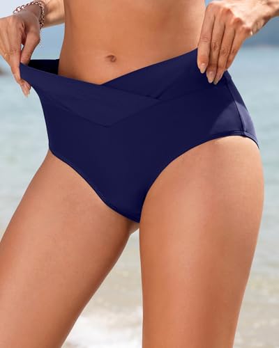 Zmart Women's High-Waist V-Cut Bikini Bottoms - Medium Navy Blue