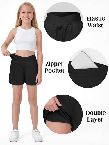 Girls High Waisted Athletic Shorts with Zipper Pockets - Black, 13-14 Years