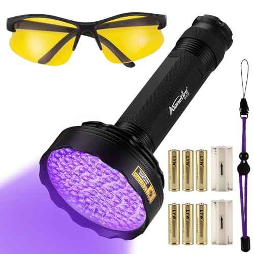 Alonefire SV128 395nm UV Flashlight 128 LEDs Woods Lamp Ultraviolet Black Light for Pet Urine Detection, Scorpion Detection, Dry Stain, Bedroom, Fishing with UV Protective Glasses, 6PCS AA Battery