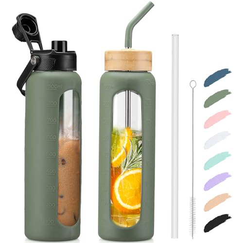 Kodrine 32oz Glass Water Bottle with 2 Lids - Olive