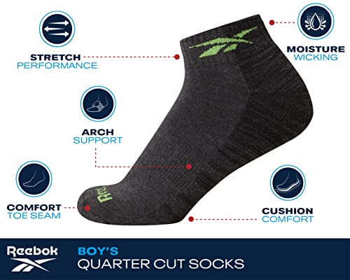 Reebok Boys Performance Quarter Socks 6 Pack Large Black Grey White Kids Athletic Socks