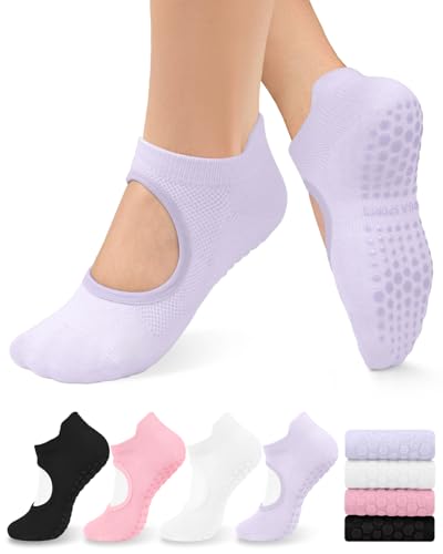 Non-Slip Grip Pilates Socks for Women - 4 Pairs, Small-Medium - Black/Purple/Pink/White
