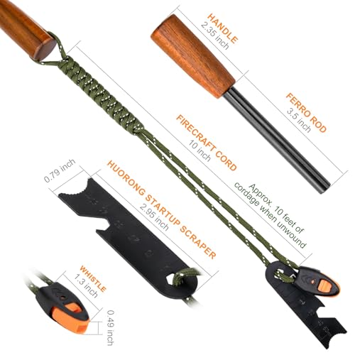 Survival Fire Starter Tool - Ferro Rod with Wooden Handle & Striker - Green