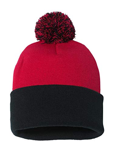 Pom Pom Knit Cap - Red/Black, One Size, 100% Acrylic