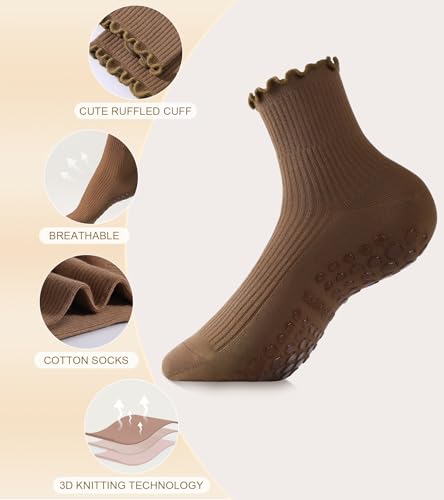 Non-Slip Pilates Socks for Women - 4 Pairs with Ruffles - Black, Brown, Caramel, White