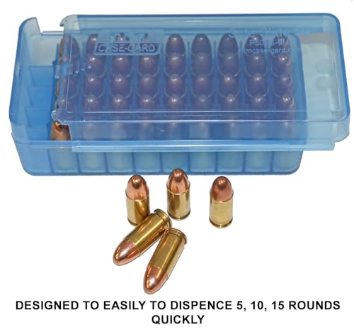 50-Round Pistol Ammo Storage Box - Side Slide Design - Clear Blue