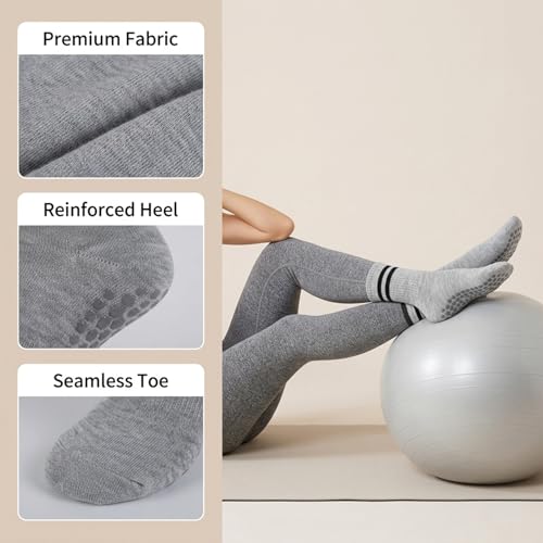 Grip Socks for Women - 6 Pairs Cute Ruffle Non-Slip Cotton for Yoga & Barre - Gray, White, Pink