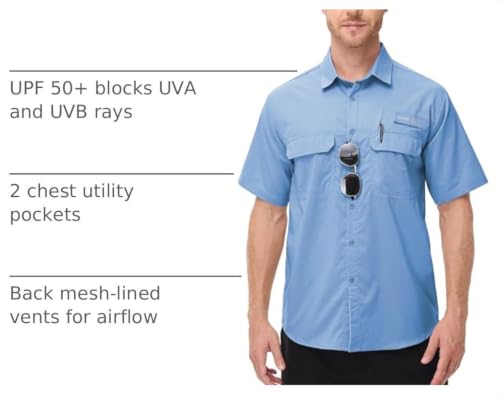 Satankud Men's Short Sleeve Hiking & Fishing Shirt XX-Large Mist Blue Sun Protection Cooling Travel