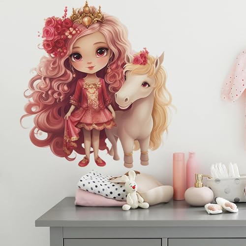 Lovely Rose Girl and Cute Filly Wall Stickers, sacinora Red Princess and Unicorn Wall Decals Removable Vinyl Peel and Stick for Kids Baby Nursery Bedroom Playroom Art Decorations