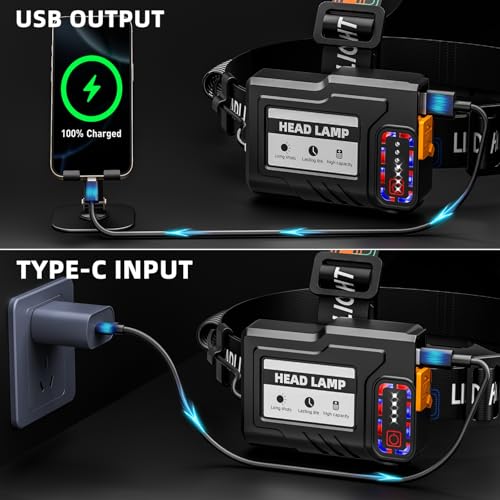 YUSEUB Rechargeable 99000 Lumens Super Bright LED Headlamp 1 Pack, 12 Modes, Motion Sensor