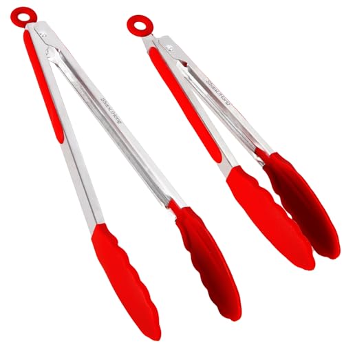 Heat-Resistant Silicone Kitchen Tongs - 9 & 12 Inch Red Set