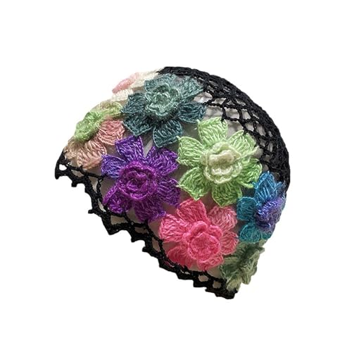 CORIRESHA One Size Black Crochet Flower Beanie Hat for Women – Handmade Cotton Summer Slouch