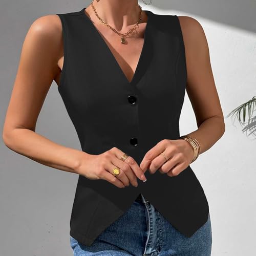 Women's V Neck Sleeveless Button Down Vest - Black, X-Large