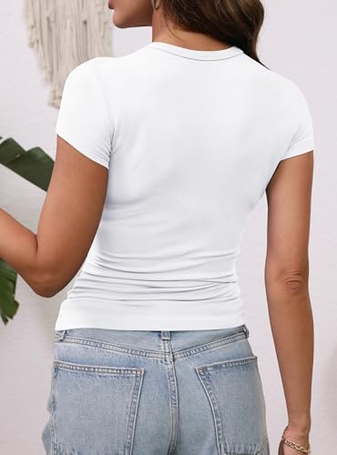 GEMBERA Women's White V-Neck Short Sleeve Fitted Casual T-Shirt - Medium
