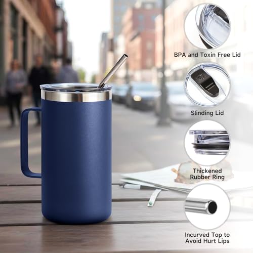 Volhoply 22oz Insulated Stainless Steel Travel Coffee Mug with Handle - Navy, Leakproof Lid, Reusable Tumbler for Hot & Cold Drinks, Bulk 2 Pack