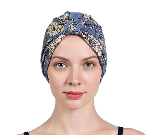 Satin Lined Chemo Turban Beanie Head Wrap - Blue & Floral