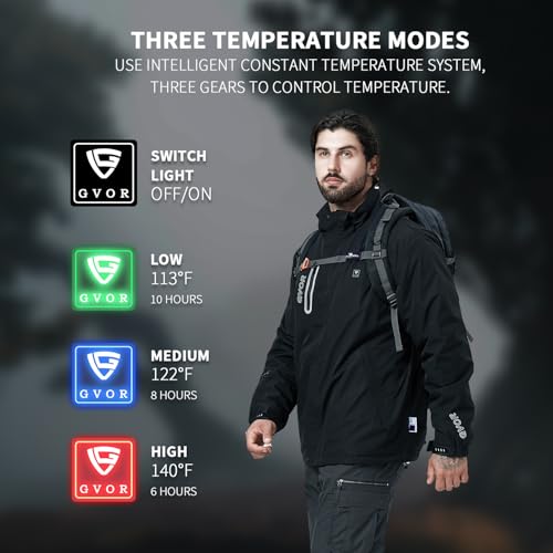 GVOR Men's Heated Jacket with 12V Battery Pack, Detachable Hood, XX-Large Black